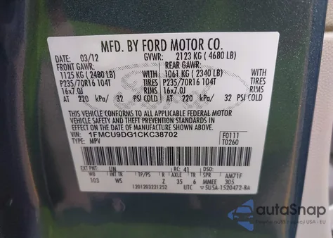 2012 Ford Escape Xlt z USA, uszkodzony, nr VIN 1FMCU9DG1CKC38702